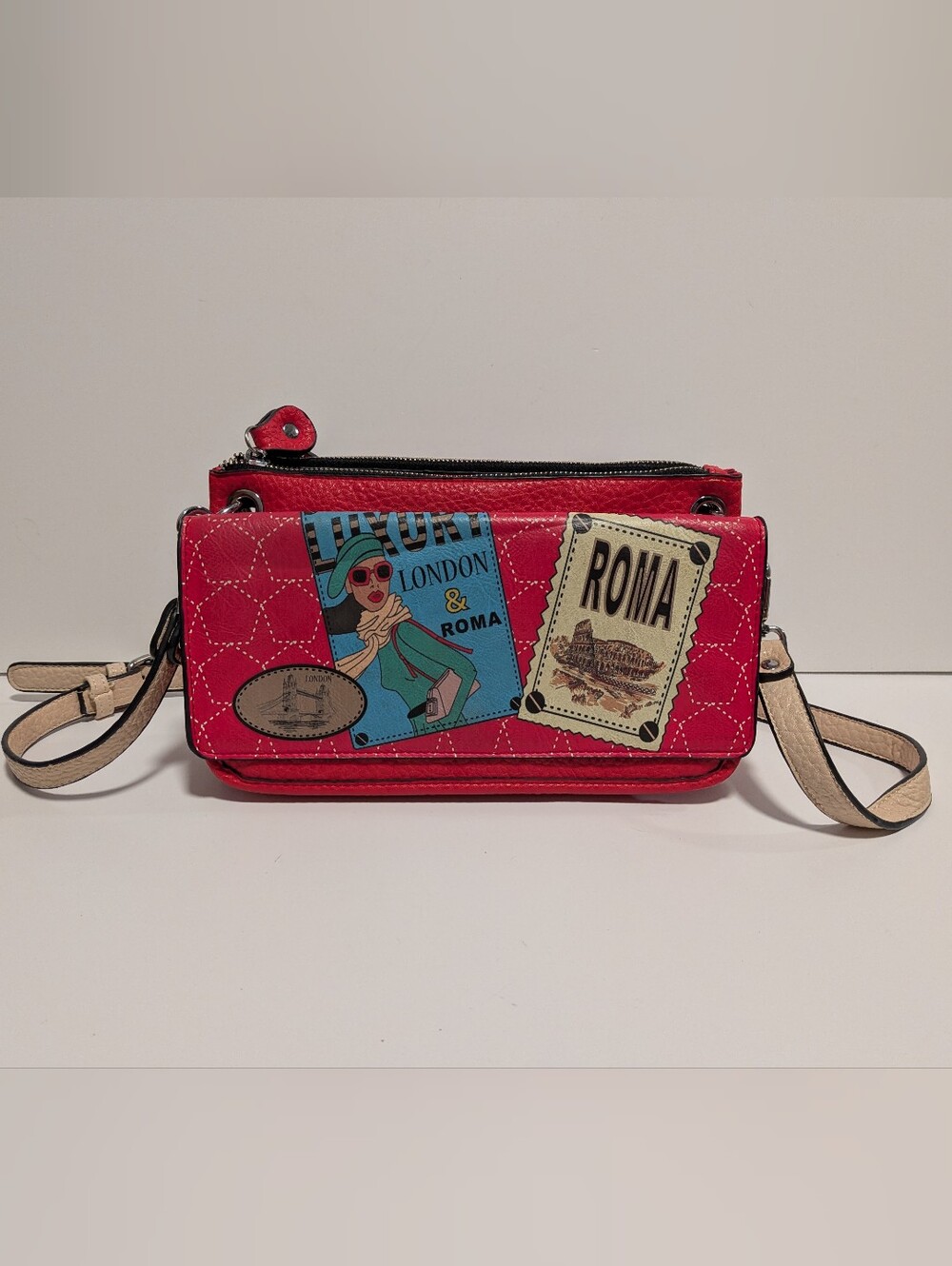 Barbara Rihl Paris, featuring colorful illustrated patches with "London & Roma"
